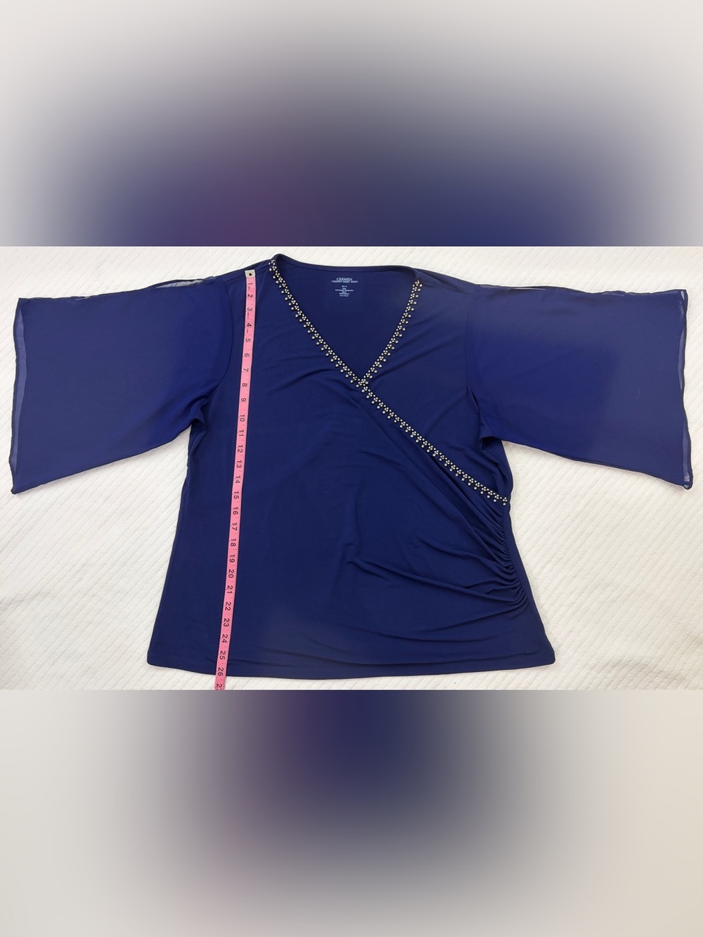 Women’s PLUS Carmen Royal Blue Embellished V-Neck Ruched Sheer Sleeve Blouse- 1X - Picture 3 of 13